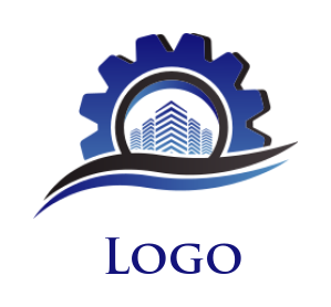 engineering logo buildings in gear with swoosh