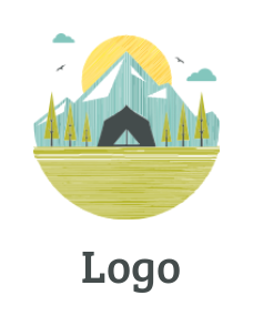 travel logo camp front mountain cloud and sun 