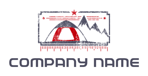 create a travel logo tent next to snow mountains