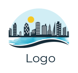 real estate logo maker city skyline with wave on river 
