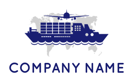 design a logistics logo container ship with airplane with world map background 