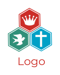 religious logo crown dove and cross in hexagon
