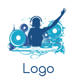 entertainment logo illustration DJ woman at turntable raise one arm
