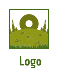 Letter O logo in grass with trees inside square