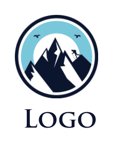 design a travel logo hiker on snow mountains with bird and sun