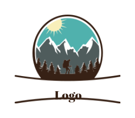 travel logo hiking men front mountain with tree