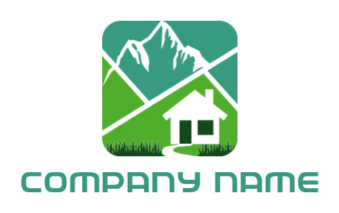 property logo farmhouse with mountains and grass