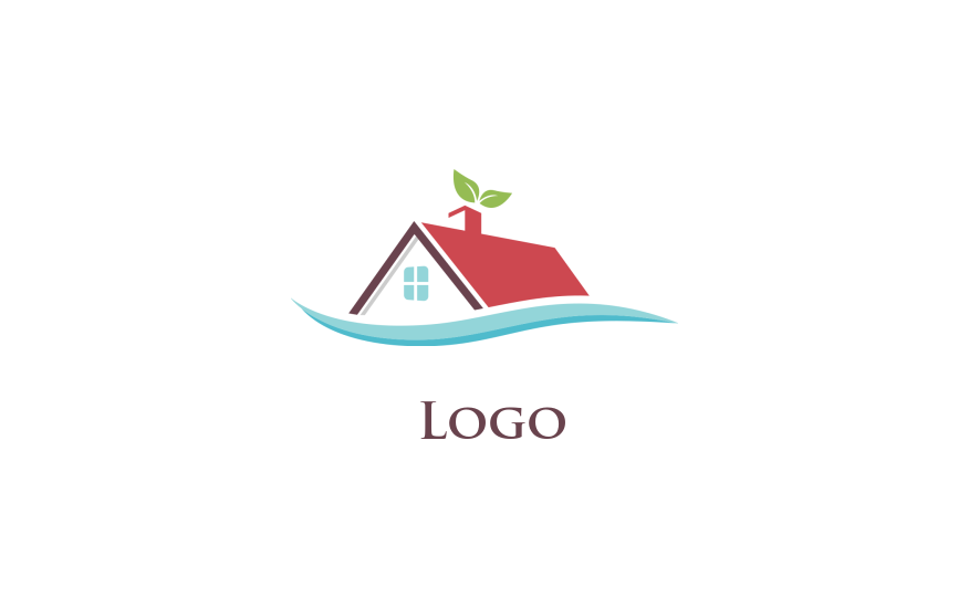 property logo house with sea waves and leaves