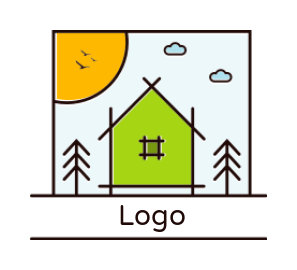 arts logo maker house with trees sun line art
