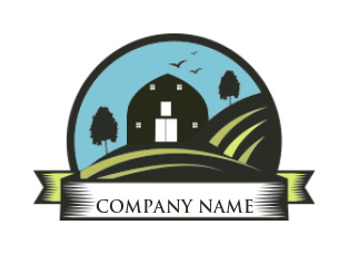 make an agriculture logo illustration of barn house with ribbon