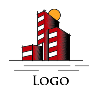 real estate logo of line art buildings and sun