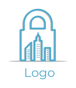create a security logo lock buildings line art