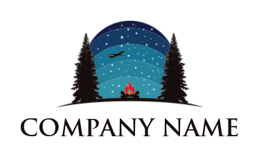 travel logo night with bonfire and pine trees