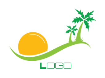 create a logo of landscape palm trees and sun 