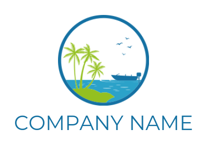travel logo template palm trees with sea boat in line circle
