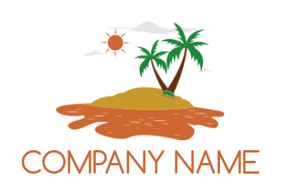 design a travel logo palms trees on island with sun and cloud 