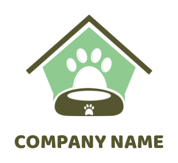 pet logo of paw in dog house with dog food pot