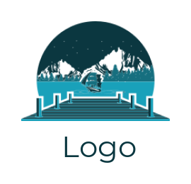 design a travel logo pier leading to sea and mountains