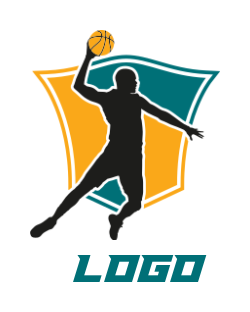sports logo playing basketball in front shield