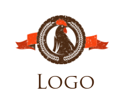 restaurant logo icon rooster or chicken restaurant in retro circle with laurel and ribbon