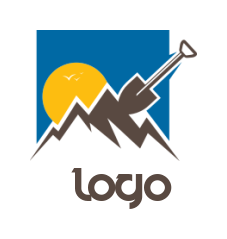 construction logo shovel with mountains and sun