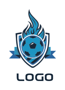 make a sports logo soccer ball with fire in shield and ribbon