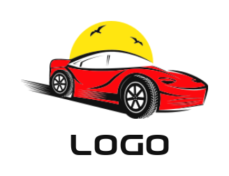 auto logo illustration sports car with sun and birds 