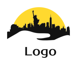 design a travel logo statue of liberty in city with sun 