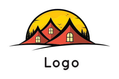 create a real estate logo sun behind camp roofs