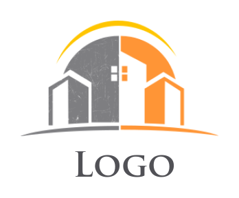 create a real estate logo swoosh over abstract buildings and house