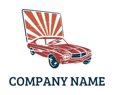 design an auto logo vintage car come out from emblem with sun rays 
