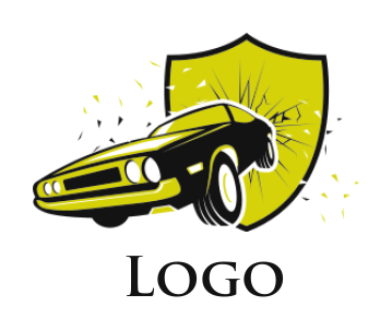 auto repair logo image vintage car coming out of broken shield 