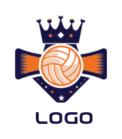 design a sports logo volleyball in front of shield with ribbon and crown