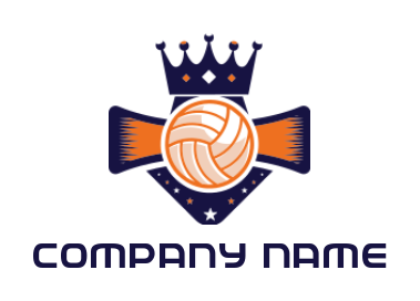 design a sports logo volleyball in front of shield with ribbon and crown