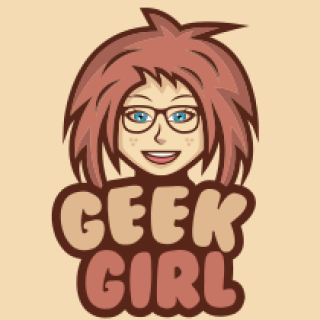 games logo smiling geek girl mascot