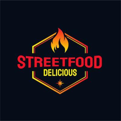 flames over text in hexagon