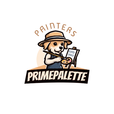 cute dog artist painting on canvas holding palette