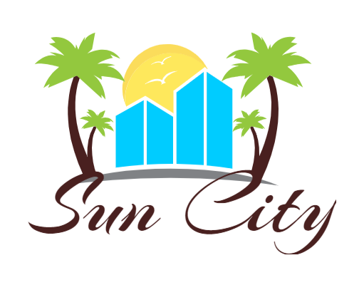 travel logo hotels with palm trees and sun