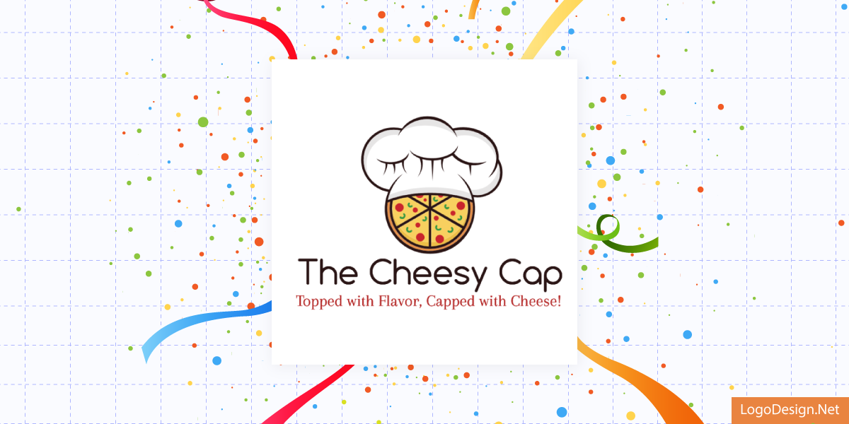 A cheesy cap logo with a chef’s hat on top of a full Pizza, along with a slogan A cheesy cap logo with a chef’s hat on top of a full Pizza, along with a slogan
