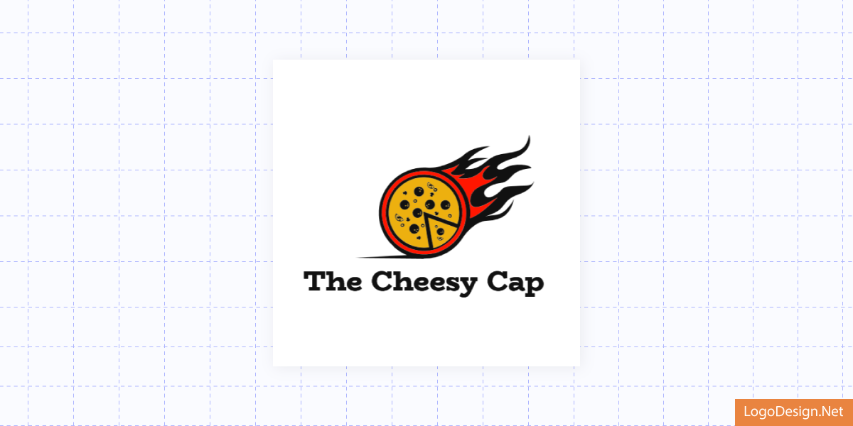 In this Cheesy Cap logo, the Pizza is shaped like a burning wheel In this Cheesy Cap logo, the Pizza is shaped like a burning wheel