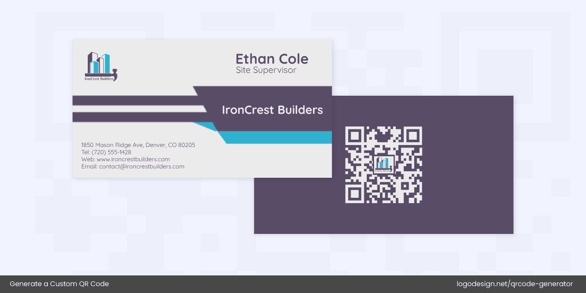 A construction company business card featuring a colorful QR code A construction company business card featuring a colorful QR code