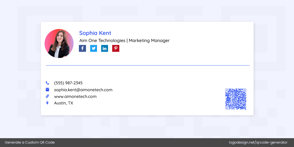 A custom email signature for a tech marketing professional featuring a tailored QR code A custom email signature for a tech marketing professional featuring a tailored QR code