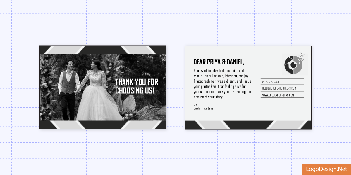 Front and back of a personalized postcard created for Golden Hour Lens’ client