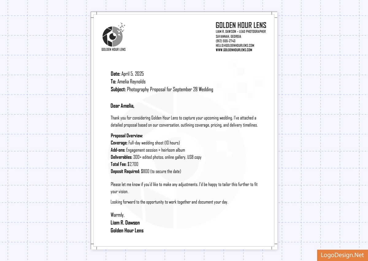 Golden Hour Lens’ final letterhead proposal for a client by LogoDesign.Net