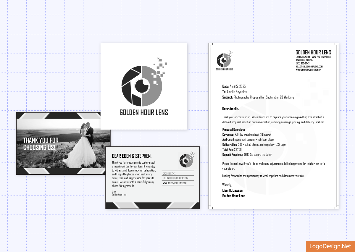 Golden Hour Lens’ final logo, letterhead, and custom postcard