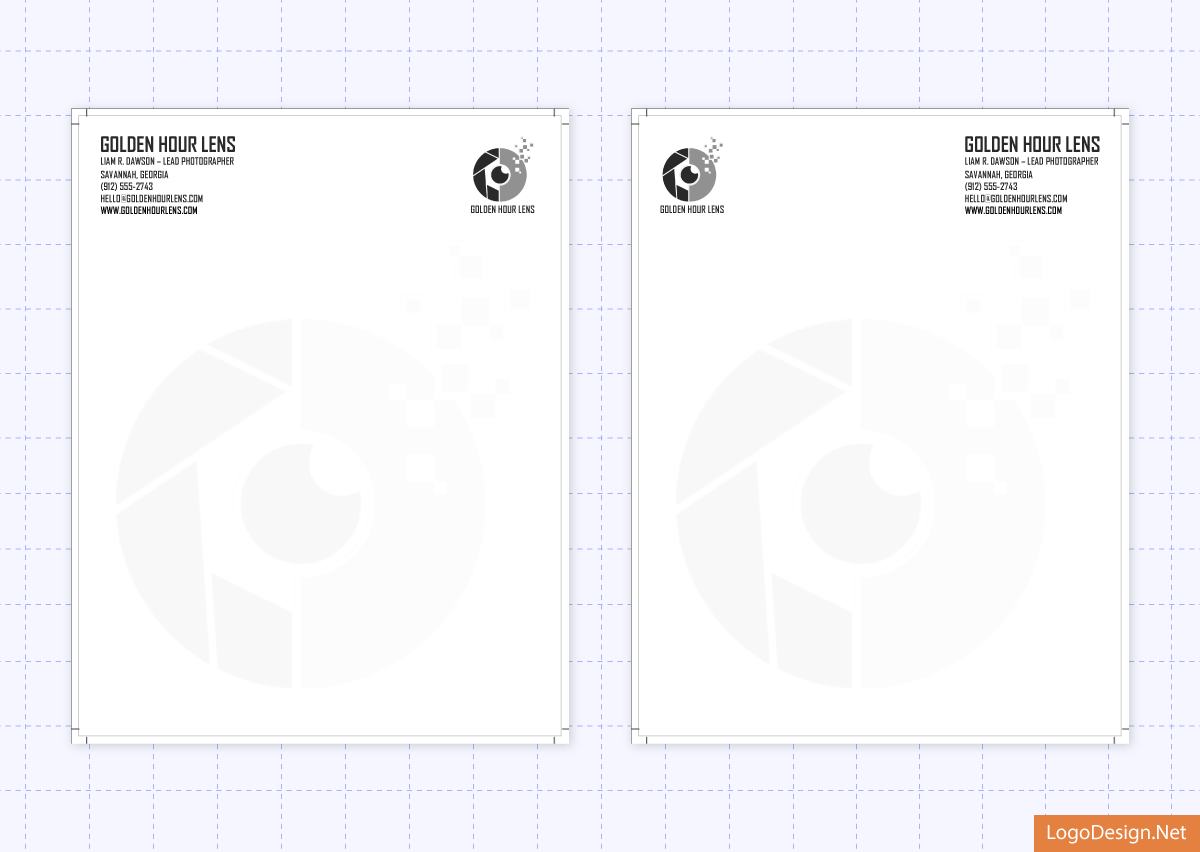 Golden Hour Lens letterhead by LogoDesign.Net with logo and info on left and right sides
