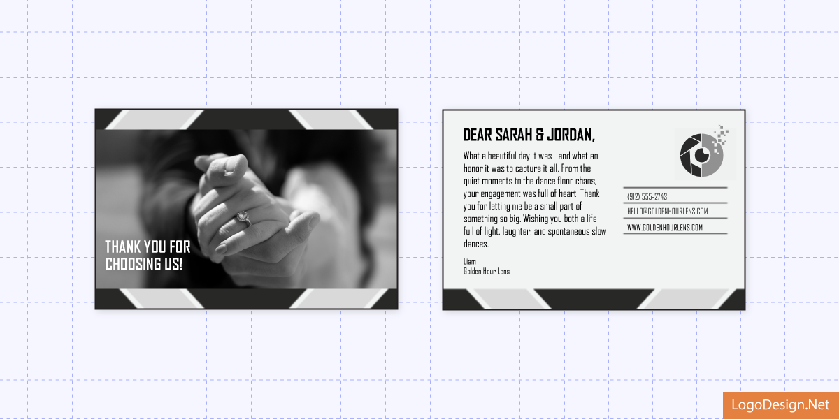 Postcard with an image and message created for Golden Hour Lens’ client