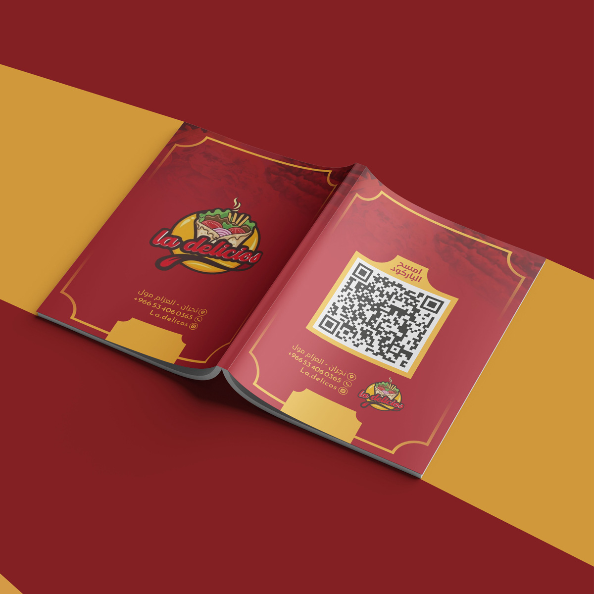 A red and yellow restaurant menu featuring a QR code A red and yellow restaurant menu featuring a QR code