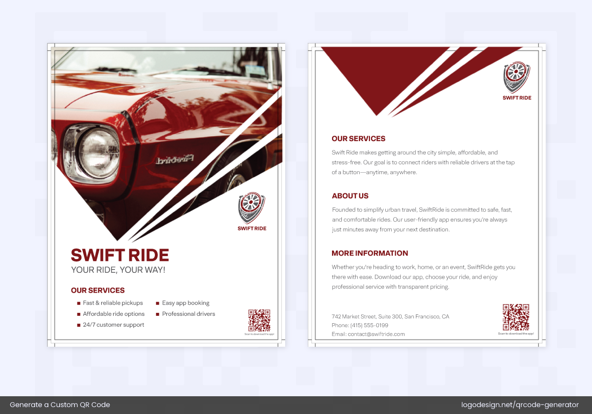 A ride booking company flyer featuring a custom-generated QR code A ride booking company flyer featuring a custom-generated QR code