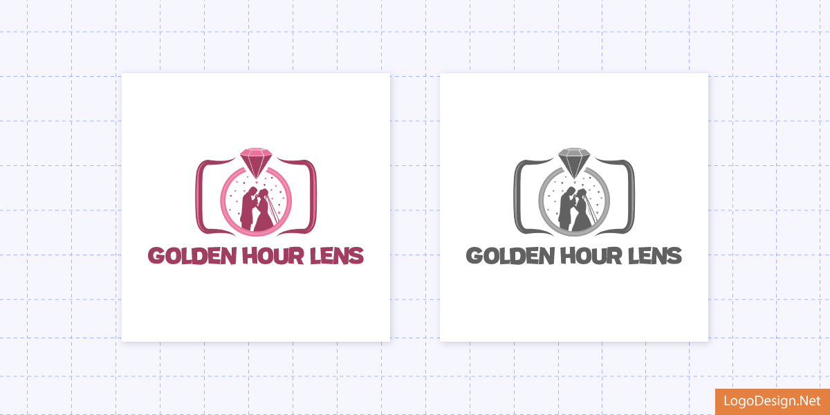A logo concept for Golden Hour Lens with color variations showing a bride and groom inside a lens